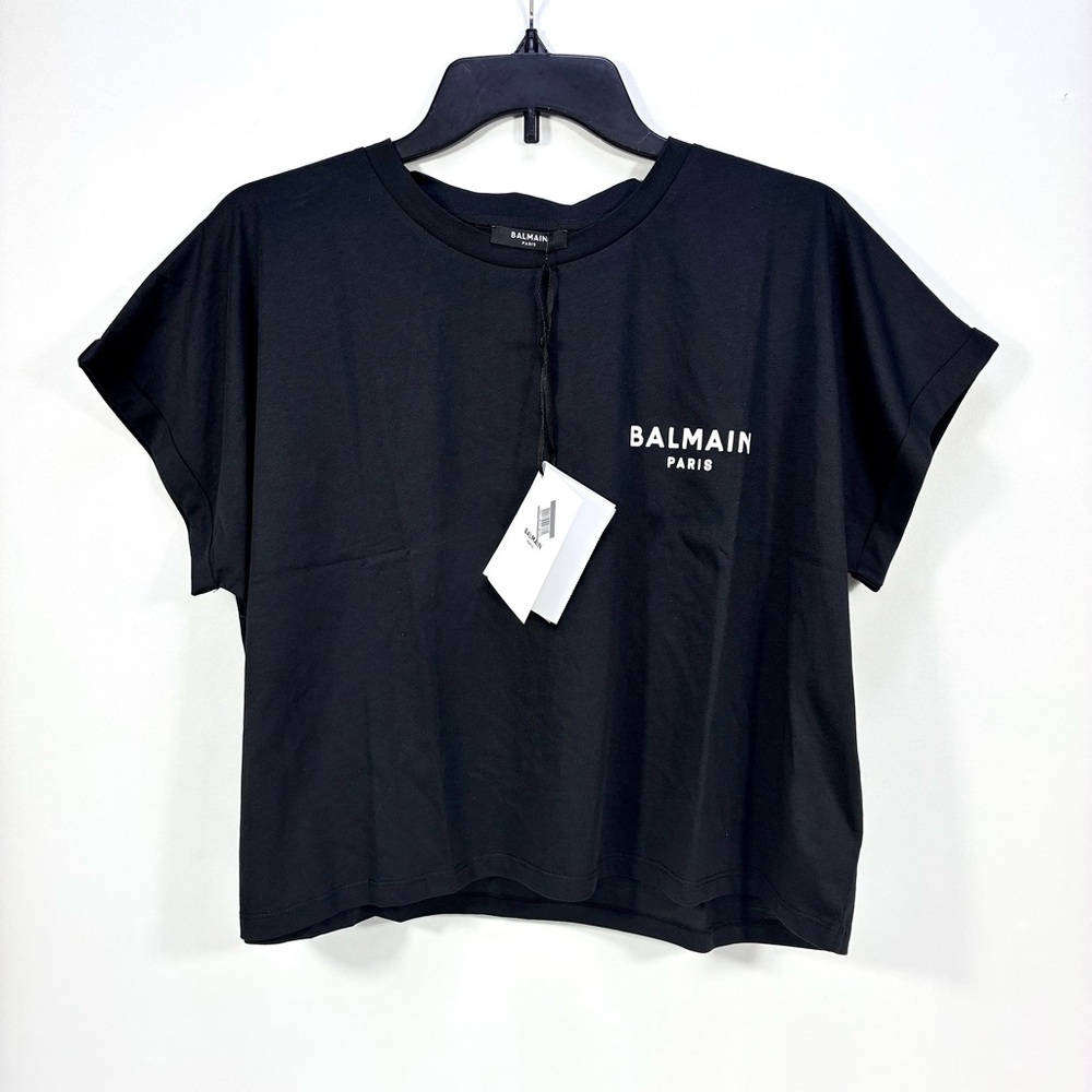 Balmain Cropped Eco-Designed Cotton T-Shirt Tee Flocked Logo Black XL NWT - Picture 3 of 14